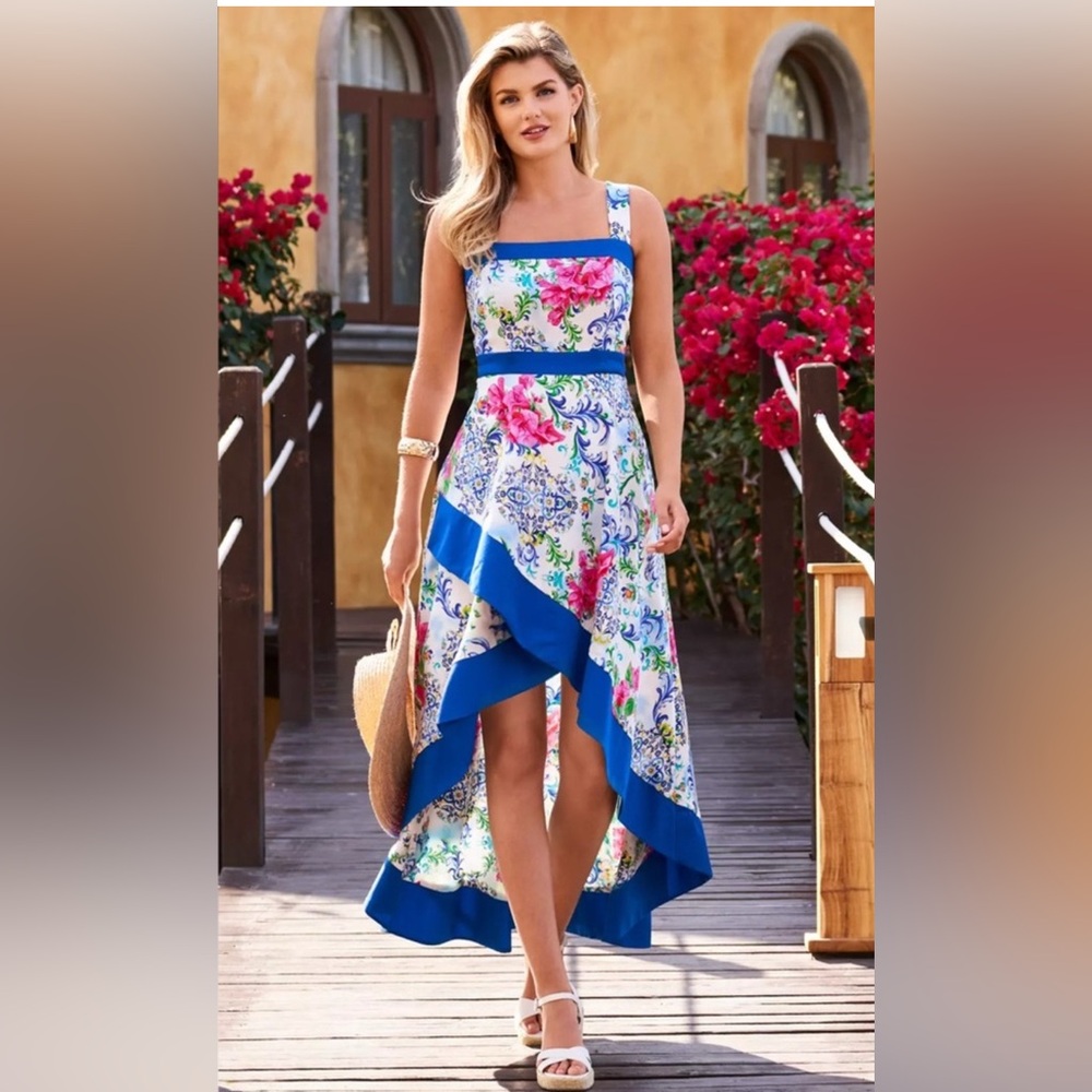 NWTS Boston Proper Capri Tiles Print Square Neck High Low Dress  Size 10